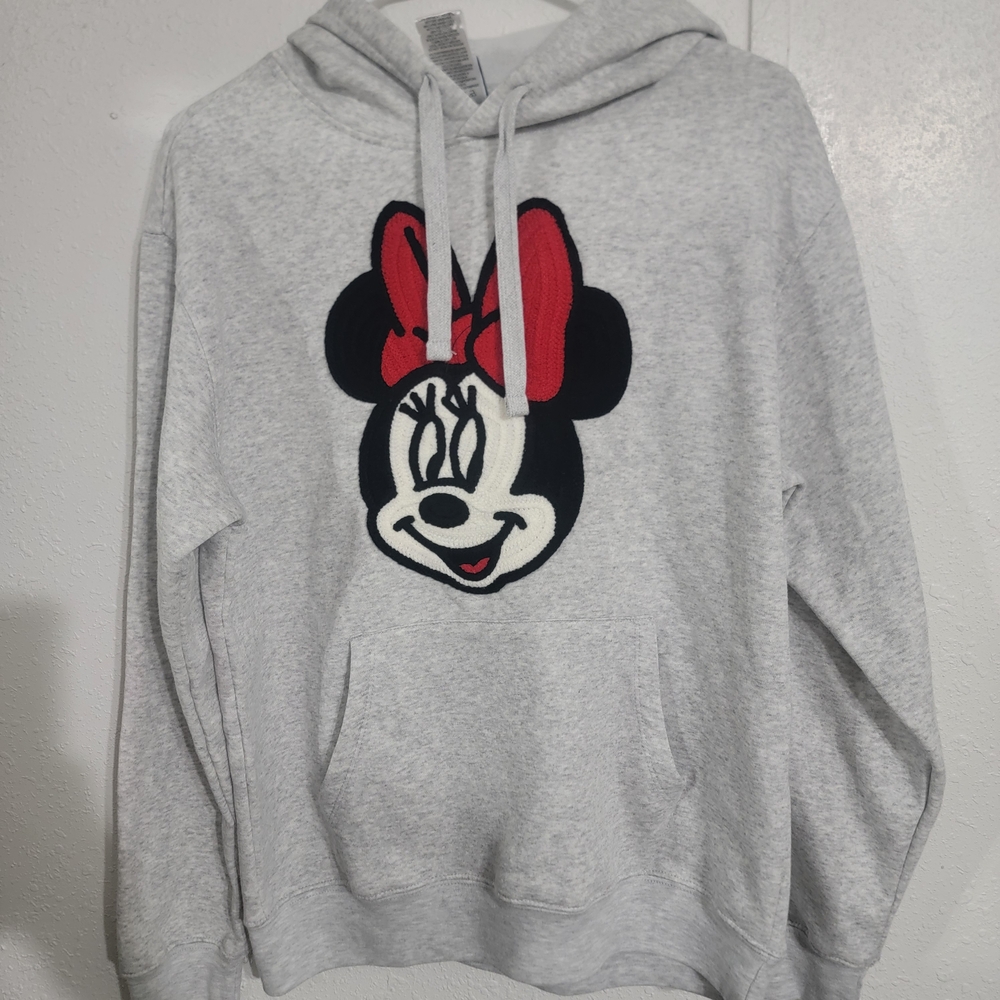 Disney • Heather Gray Minnie Mouse Embroidered Face Hooded Sweatshirt - Picture 2 of 6